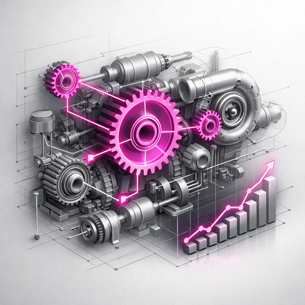 Manufacturing marketing, SEO, AI lead generation and web design illustration