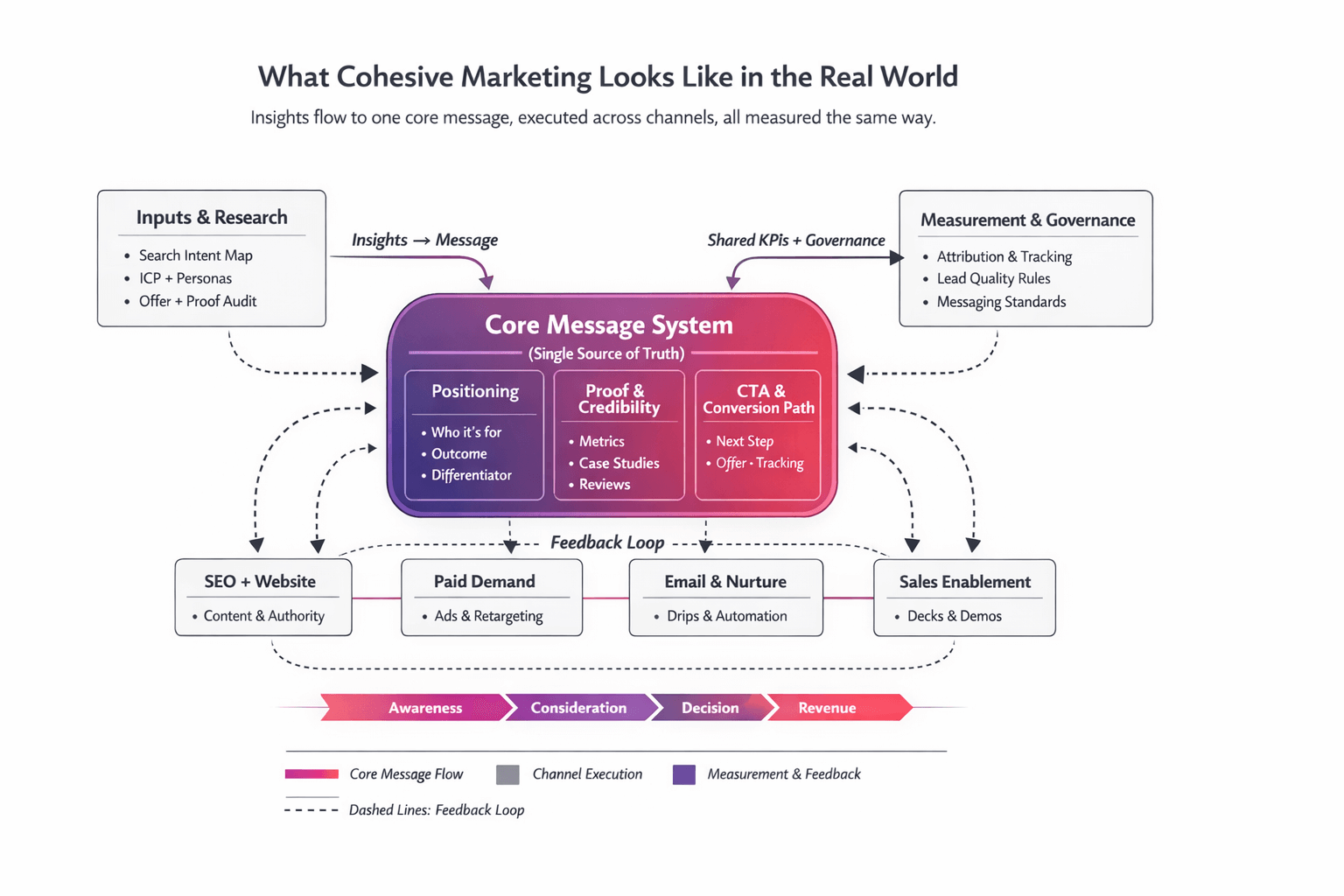 Diagram showing cohesive marketing: inputs and research, core message system, channel execution, measurement and governance, and a feedback loop across the funnel.