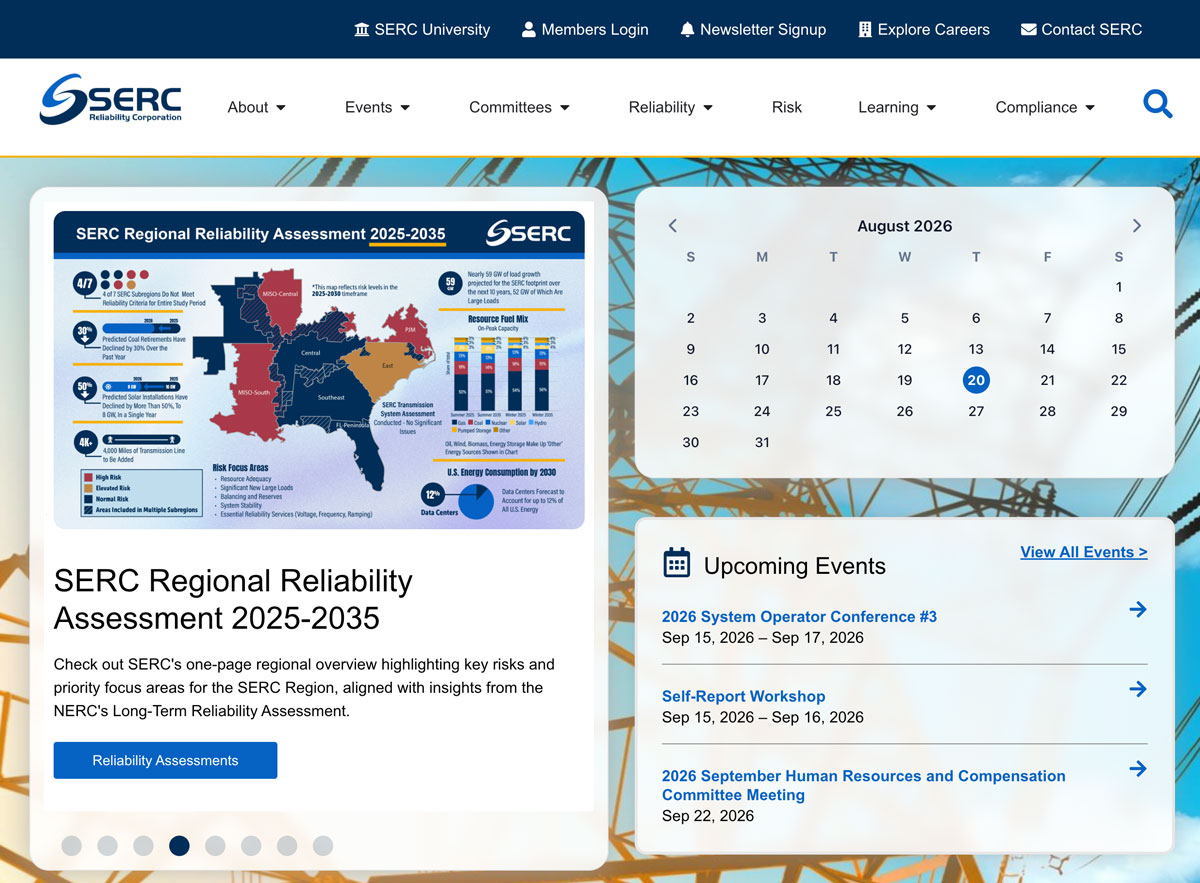 SERC Reliability Corporation website homepage designed and developed by Synchronicity