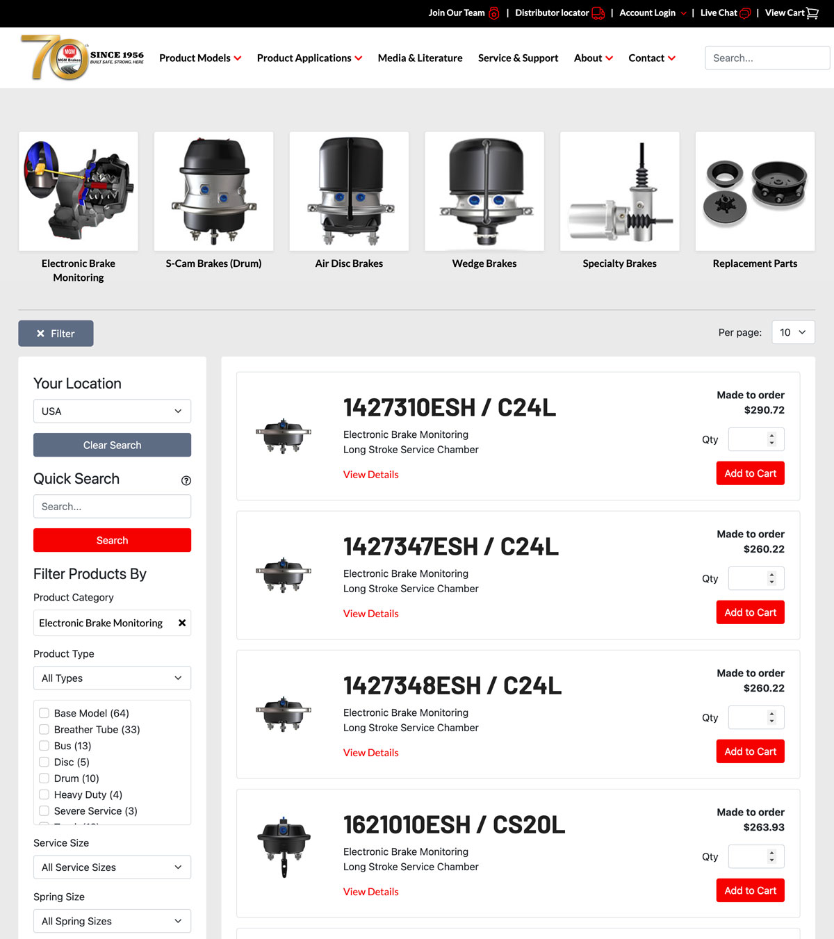 MGM Brakes ecommerce product catalog website designed and developed by Synchronicity