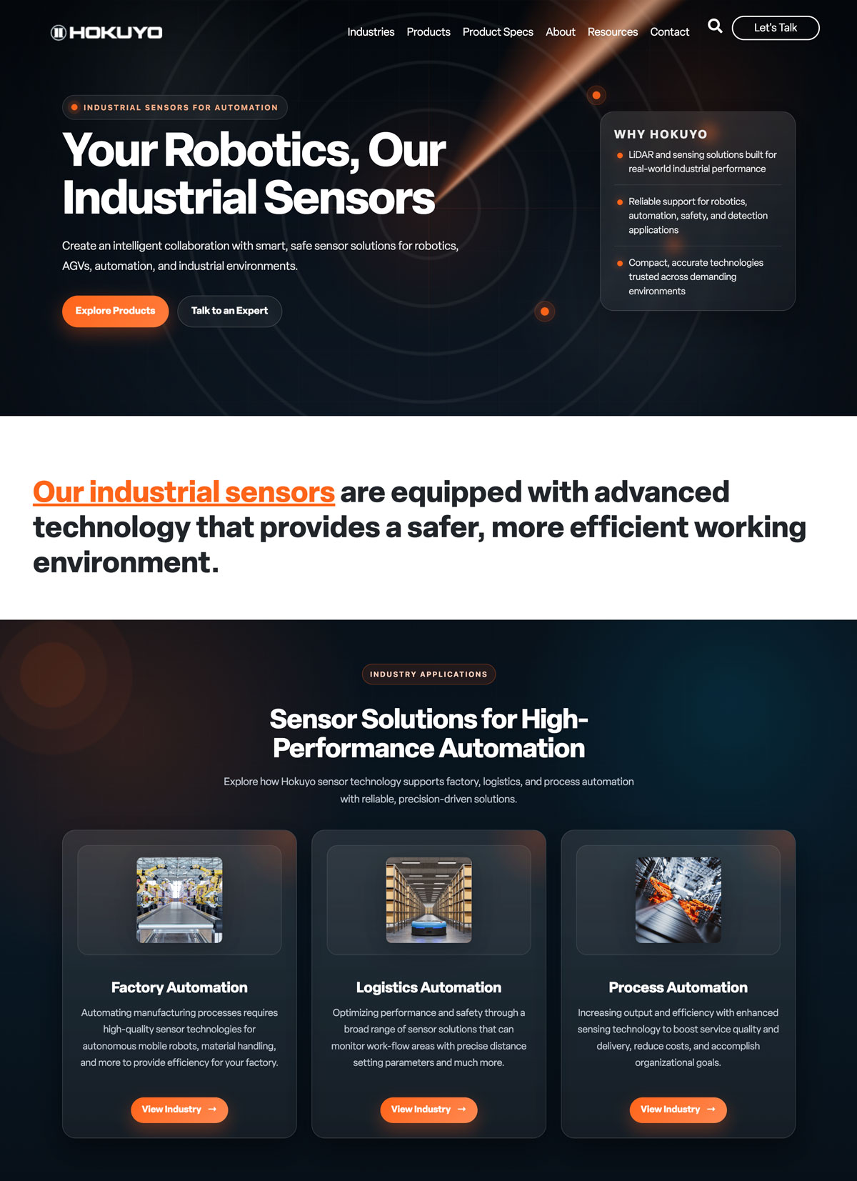 Hokuyo-USA industrial sensor website homepage designed and developed by Synchronicity